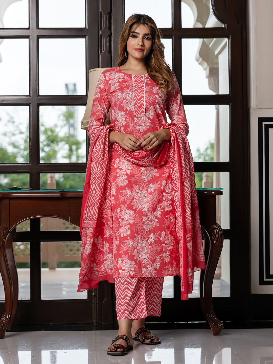 KALINI Floral Printed Notch Neck Pure Cotton Straight Kurta With Trousers & Dupatta