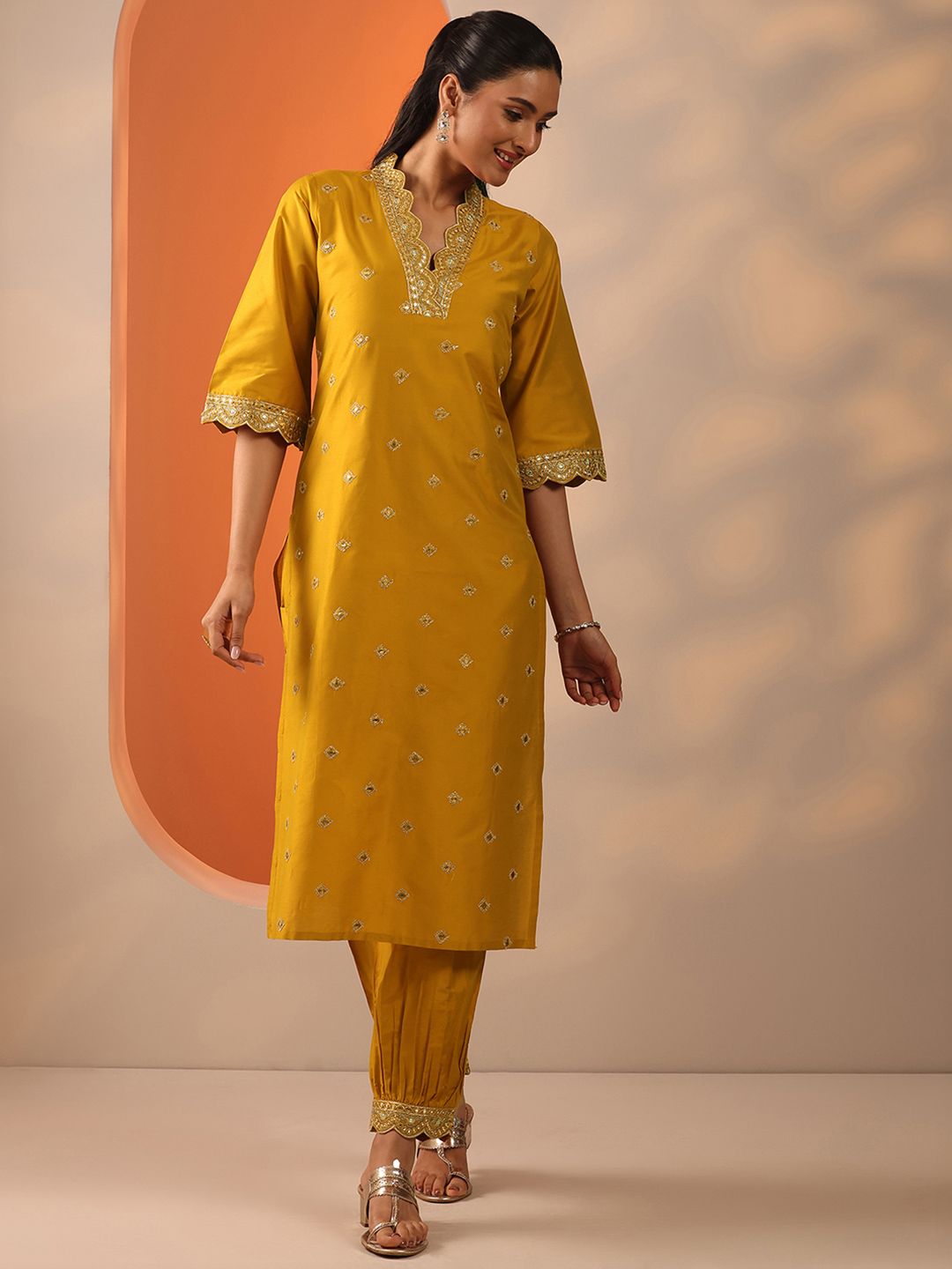Gerua By Libas Ethnic Motifs Embroidered V-Neck Sequinned Straight Kurta With Salwar
