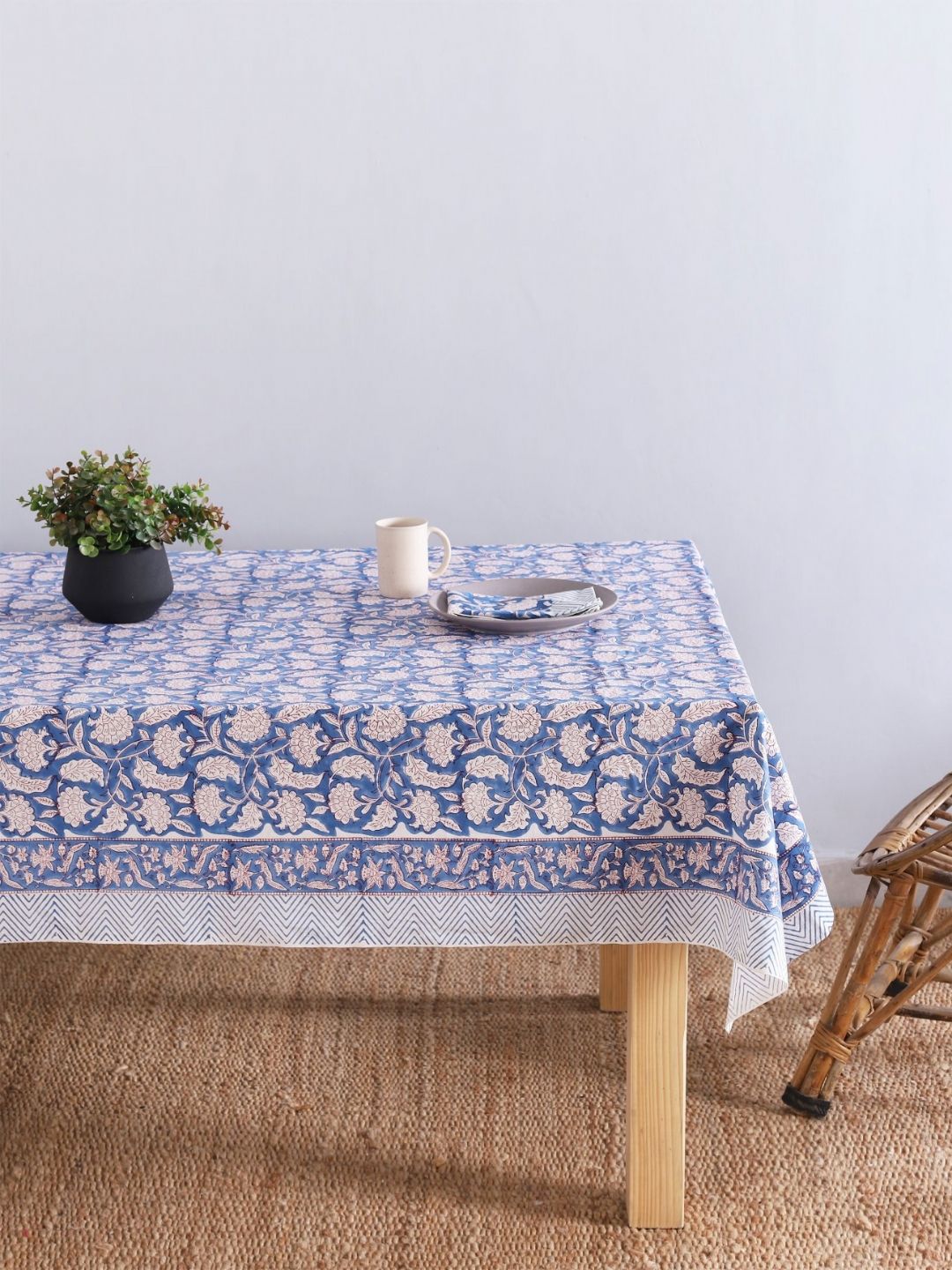 HANDICRAFT PALACE Blue & White 7 Pieces Floral Printed Cotton 8-Seater Table Cover-image-34
