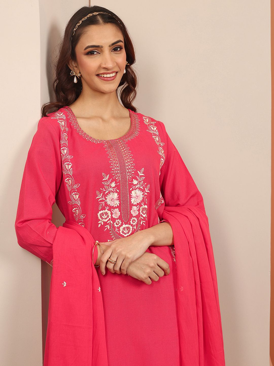 Libas Floral Embroidered Thread Work Straight Kurta With Trousers & Dupatta