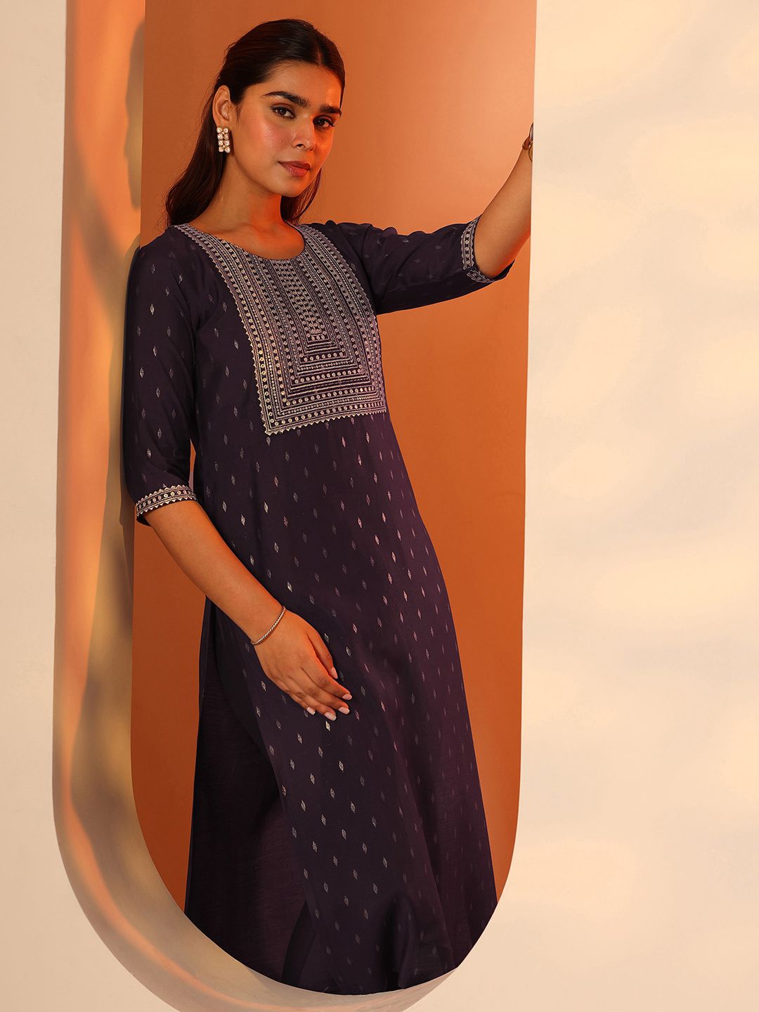 Libas Women Ethnic Motif Yoke Design Sequinned Kurta with Trousers