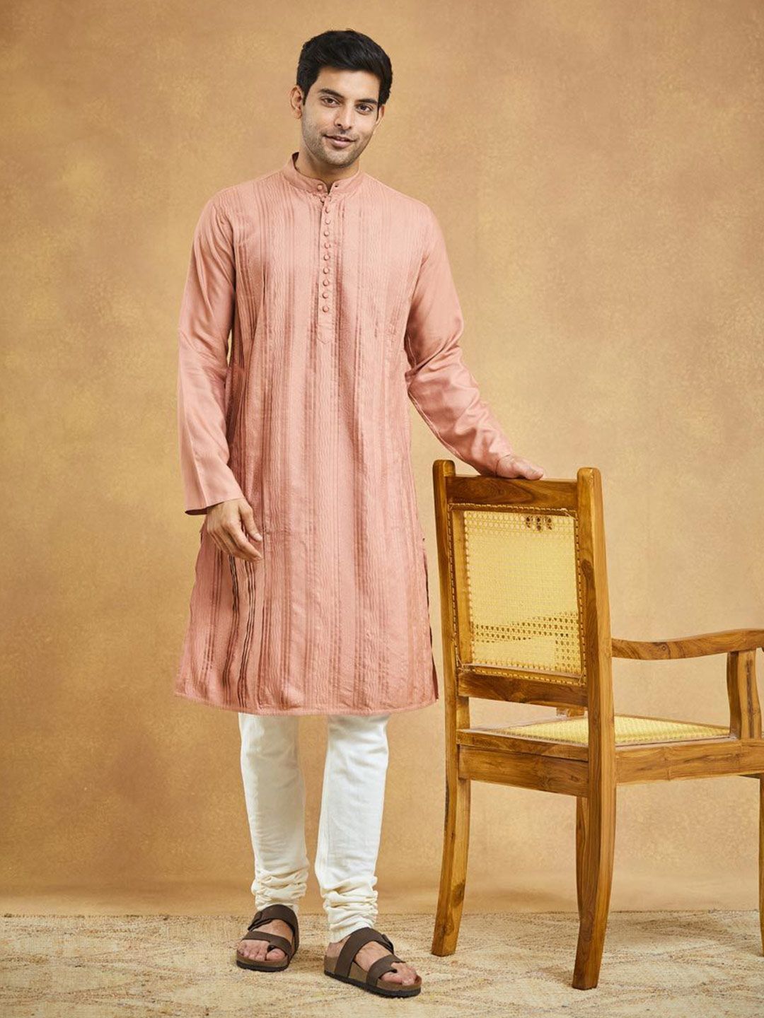 Fabindia Men Striped Woven Design Zari Slim Fit Kurta-picture-14