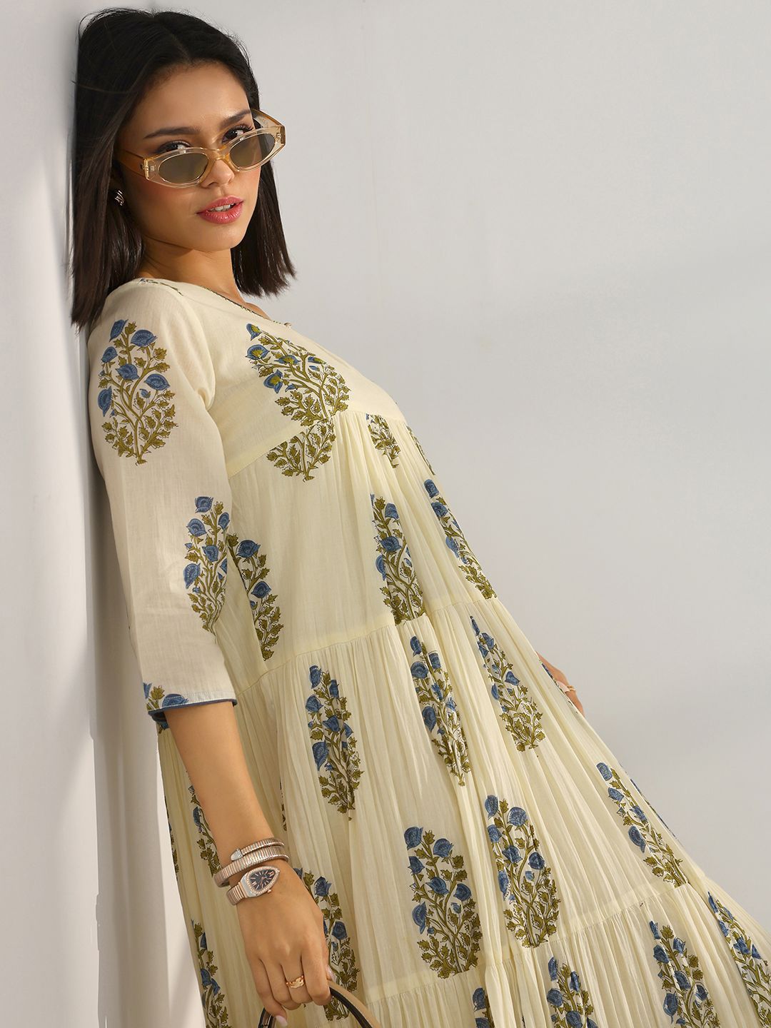 Libas Women Floral Print Keyhole Neck Cotton Fit and Flare Maxi Dress-picture-15