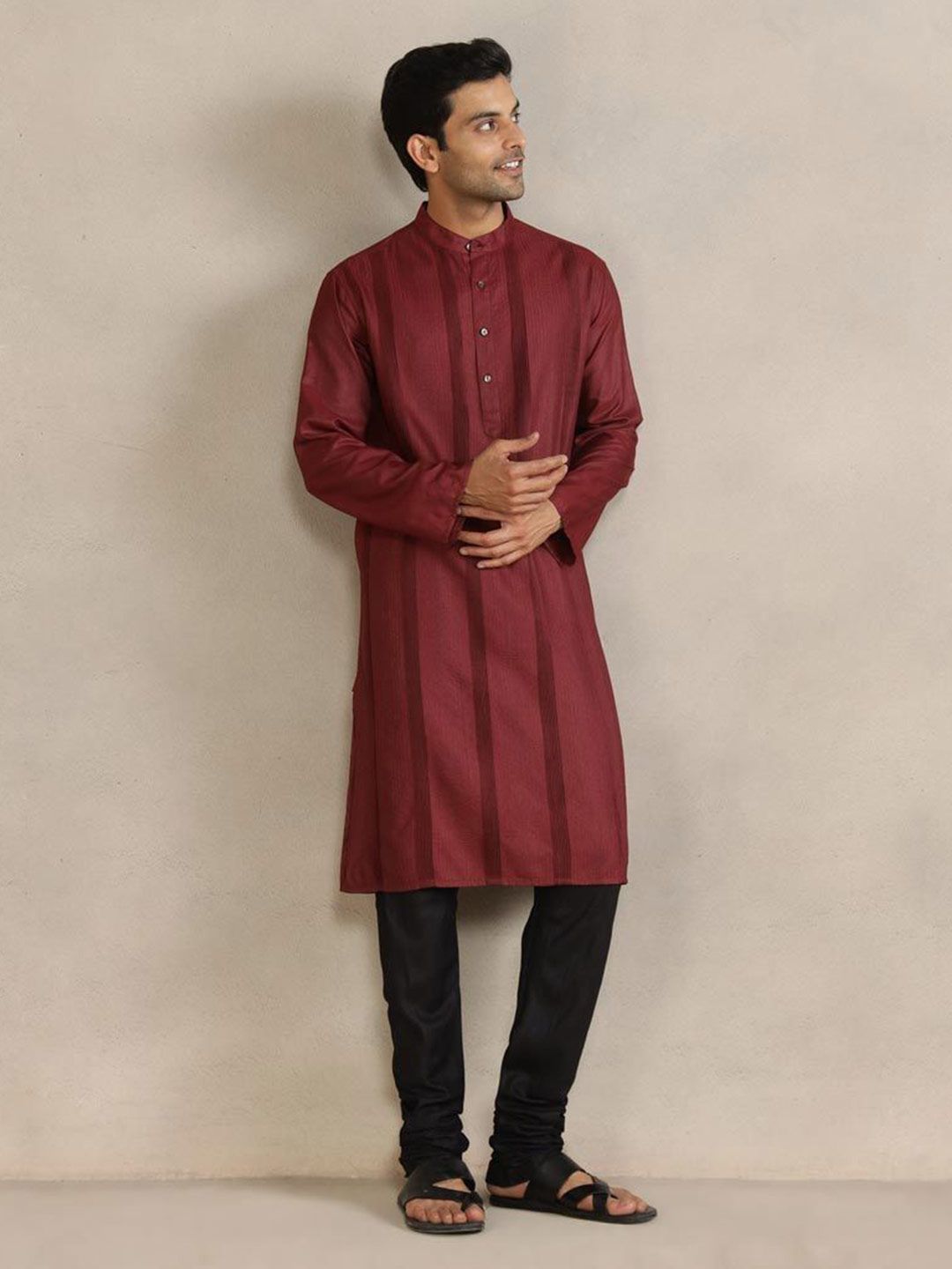 Fabindia Striped Band Collar Thread Work Straight Kurta-picture-40