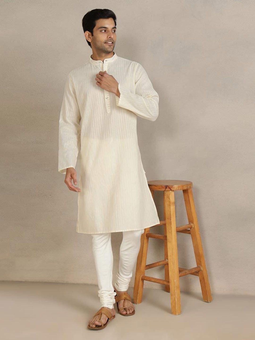 Fabindia Men Striped Woven Design Band Collar Straight Kurta-picture-23