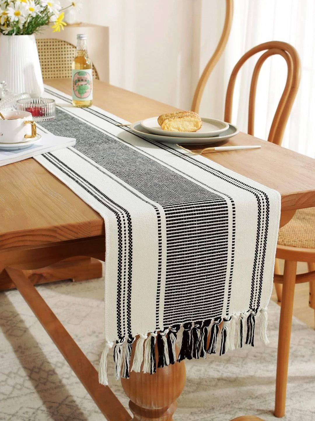 ANA White & Black Self-Designed Pure Cotton 6-Seater Tasseled Table Runners-picture-17