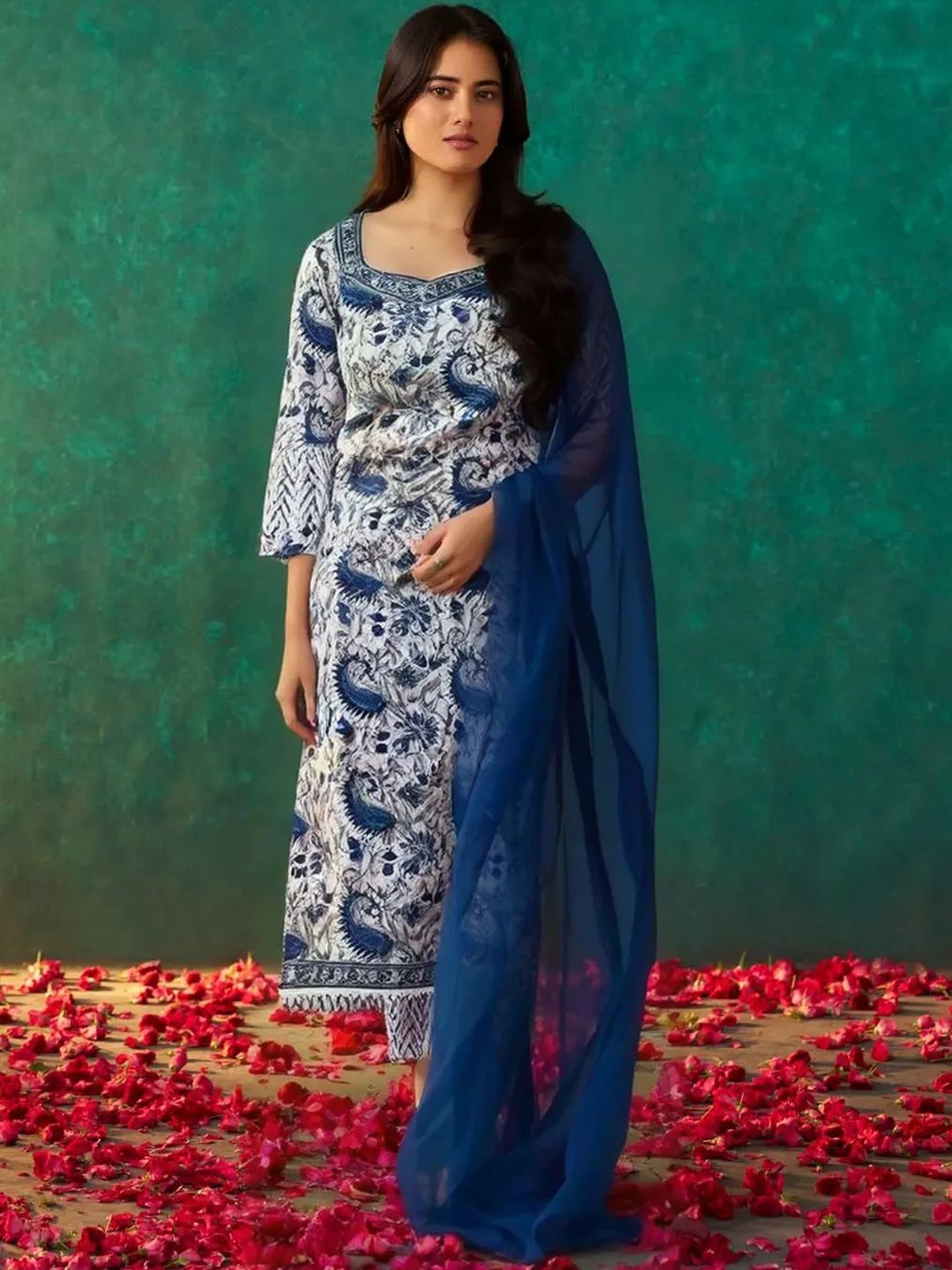 Anouk Rustic Ethnic Motifs Printed Square Neck Straight Kurta With Trousers & Dupatta
