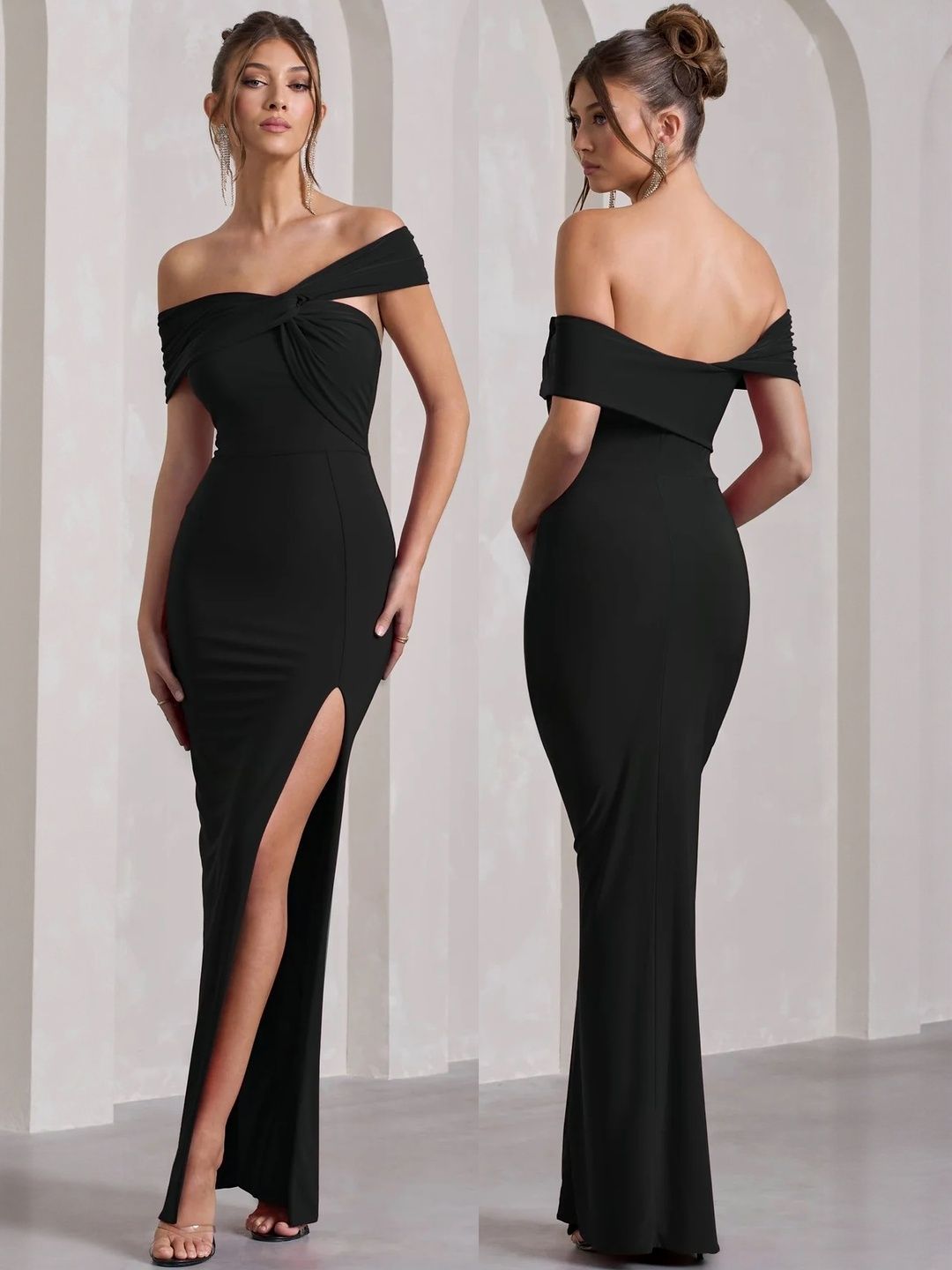 Wanquila Women Solid Black Off-Shoulder Bodycon Dress view 1