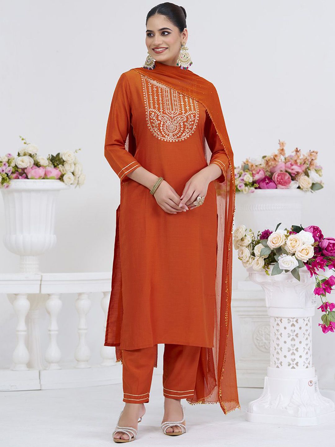 MOKOSH Women Ethnic Motifs Embroidered Kurta with Trouser & Dupatta