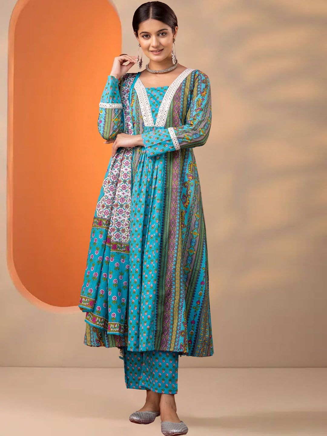 OZIA Ethnic Motifs Printed Gotta Patti Anarkali Pure Cotton Kurta With Trousers & Dupatta