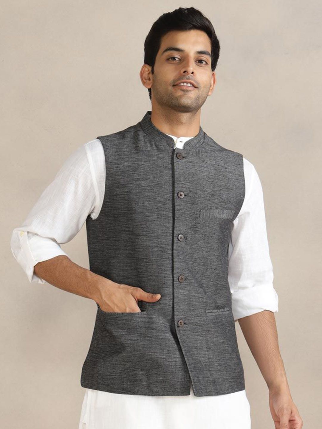 Fabindia Men Woven Design Pure Cotton Slim-Fit Nehru Jacket