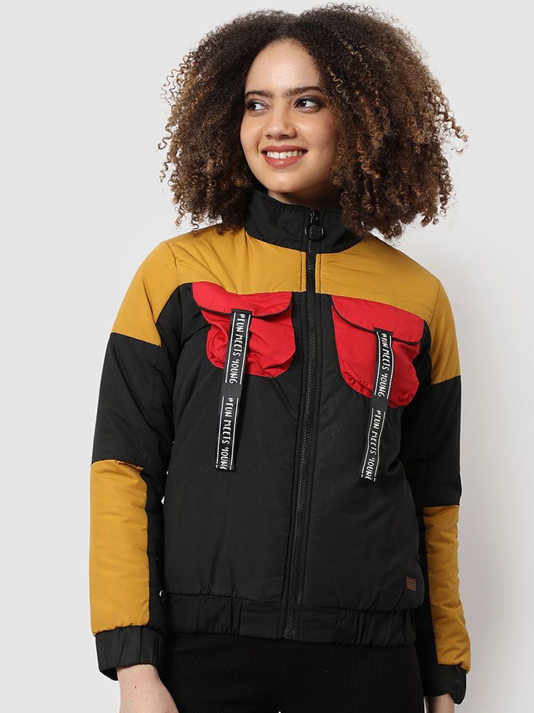 pinacolada Campus Sutra Women Mock Collar Colourblocked Lightweight Bomber Jacket-picture-19