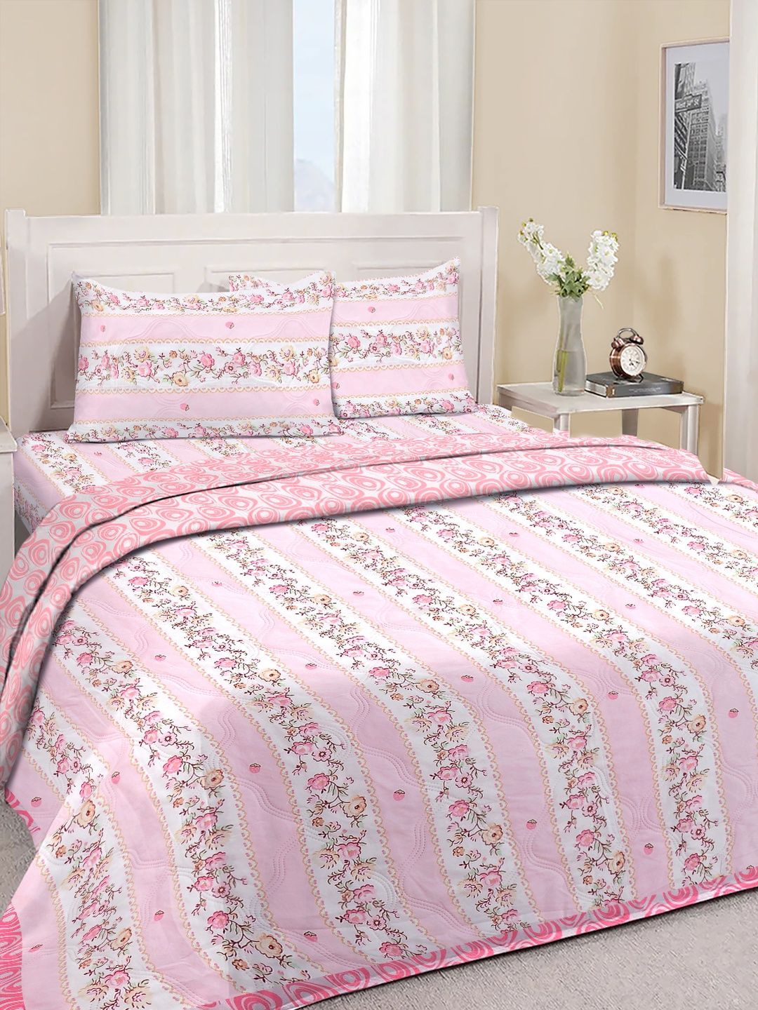 Myntra Elegant Homes Pink & White Floral Polycotton 4 Piece Double King Fine Bedding Set