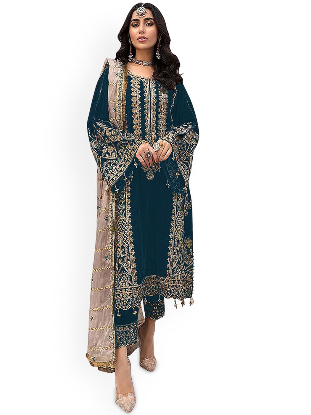 ZONFAB Floral Embroidered Sequinned Georgette Semi-Stitched Dress Material