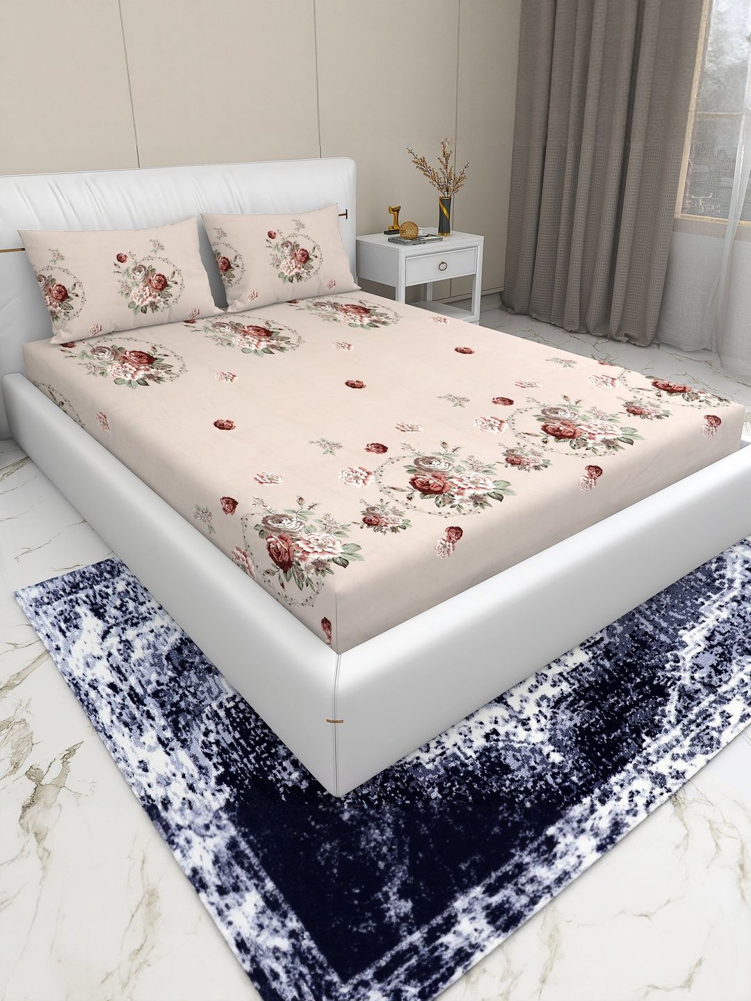 DREAM LIVING Cream-Coloured & Brown Floral 144 TC Queen Bedsheet with 2 Pillow Covers-image-28