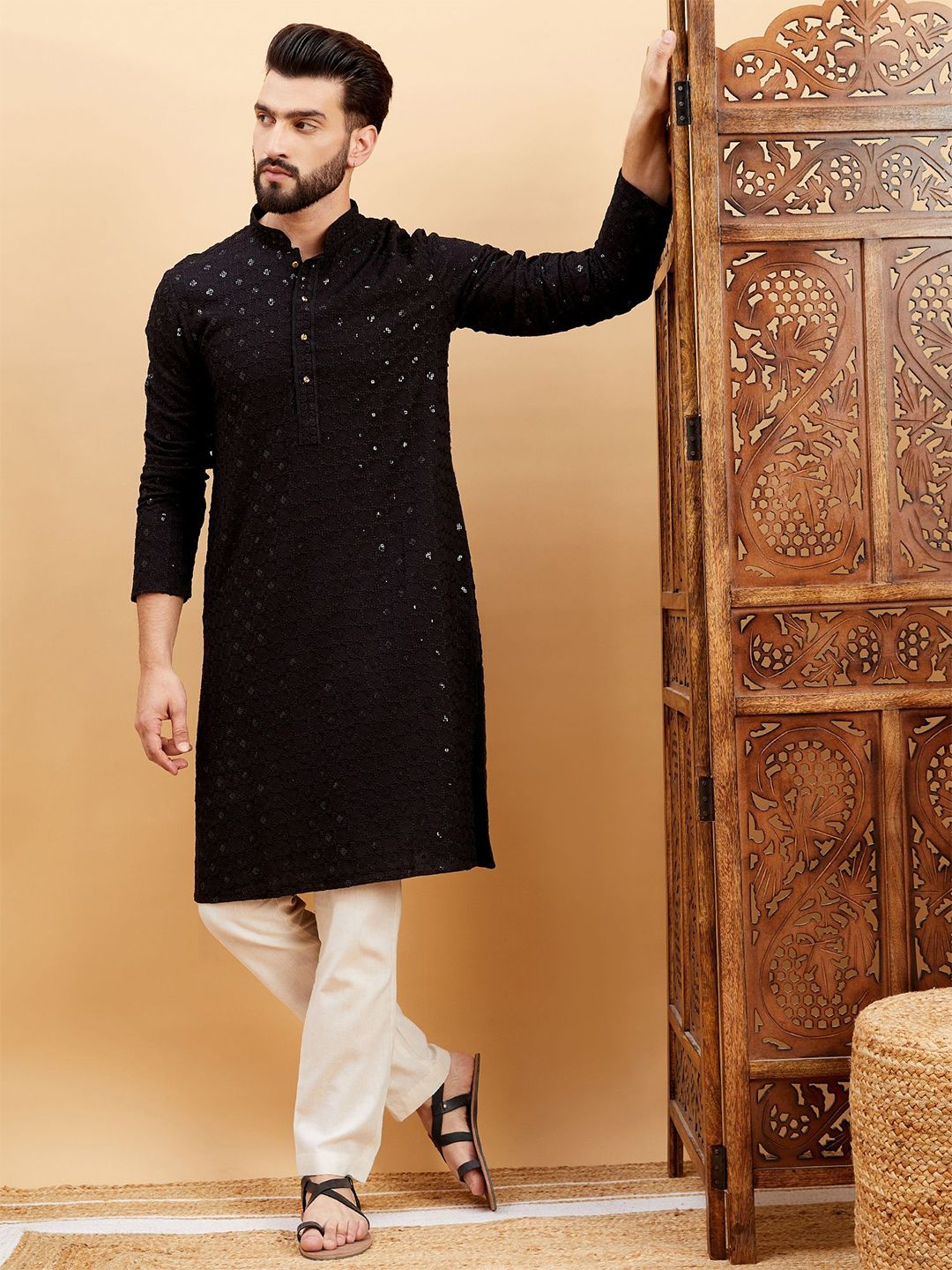 SWAGGINDIA Floral Embroidered Mandarin Collar Sequinned Straight Kurta-picture-40