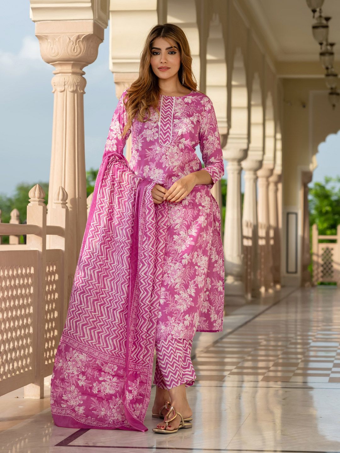 KALINI Women Floral Printed Cotton Kurta with Trousers & Dupatta