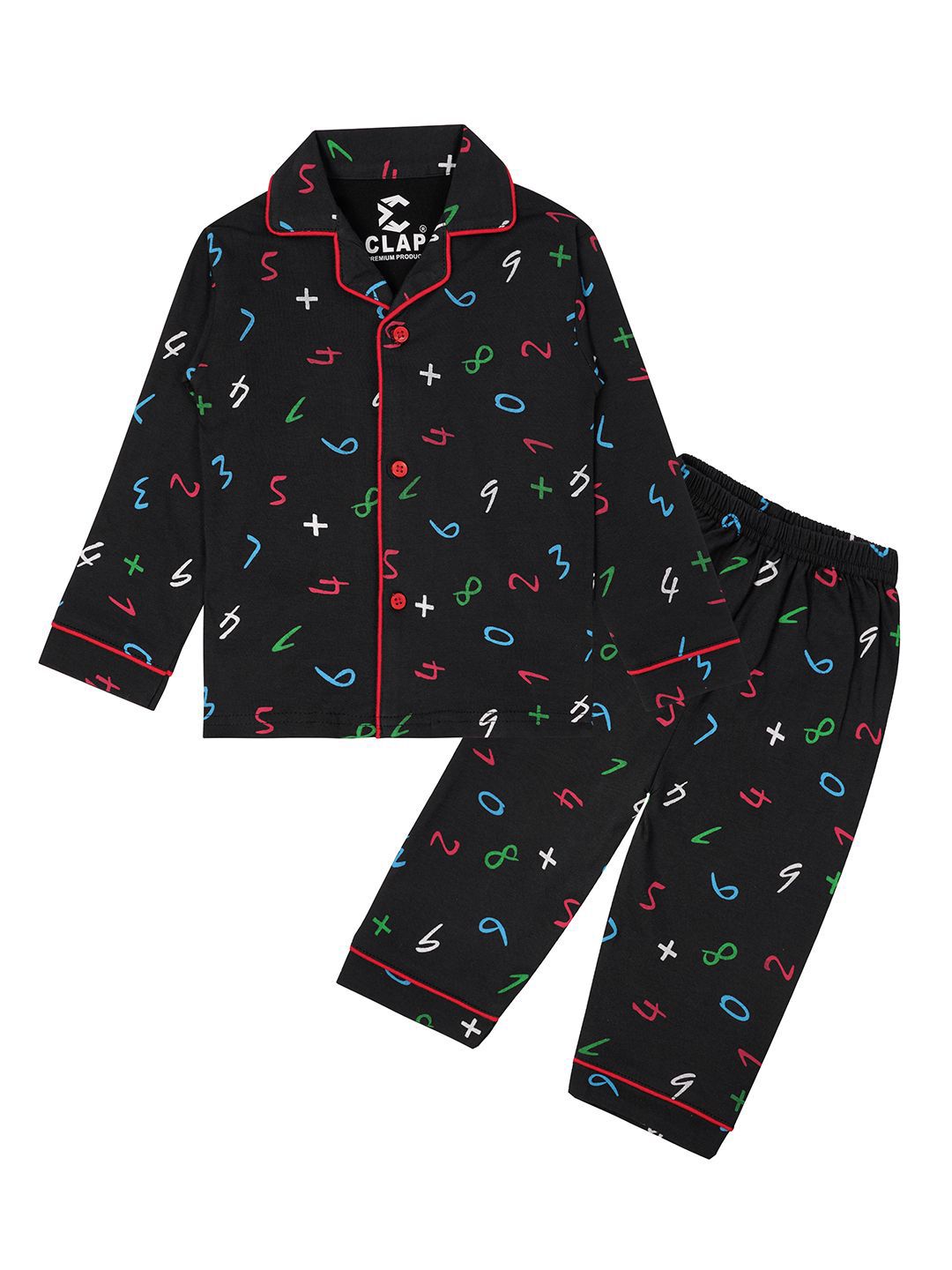 CLAP Kids Alphanumeric Printed Shirt Collar Pure Cotton Night Suit-picture-43