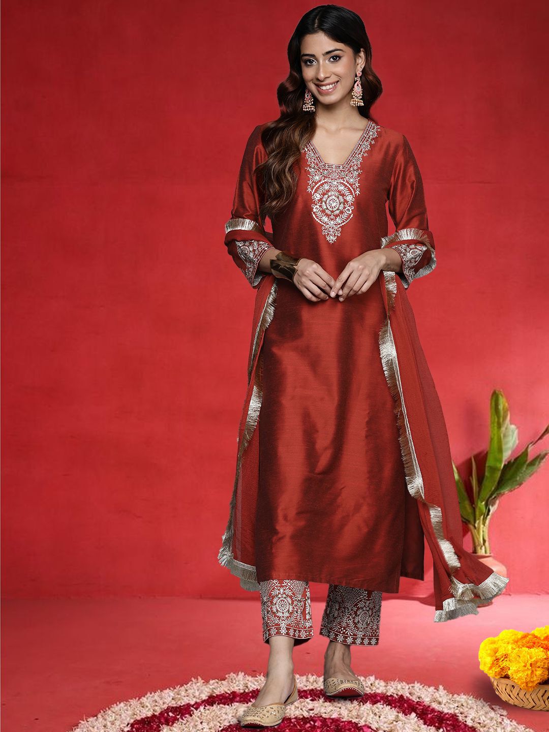 Varanga Women Ethnic Motifs Embroidered V-Neck Sequinned Kurta with Trousers & Dupatta