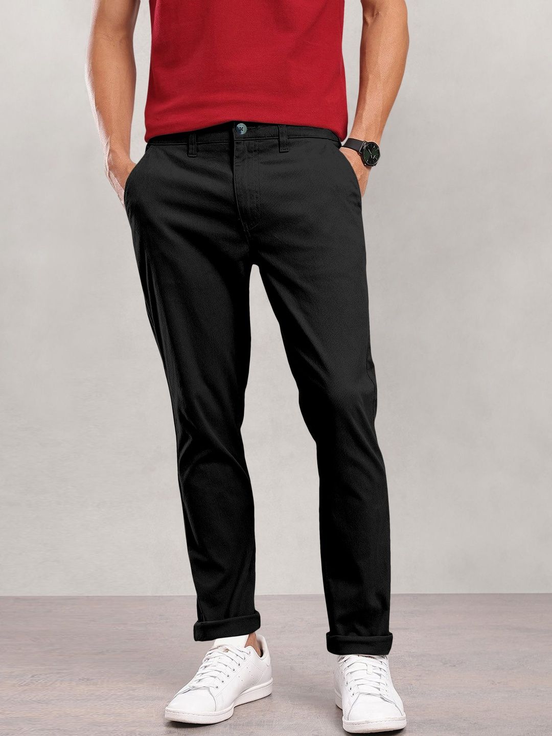 BRUCEWANE Men Black Stretch Cotton Casual Trousers-image-2