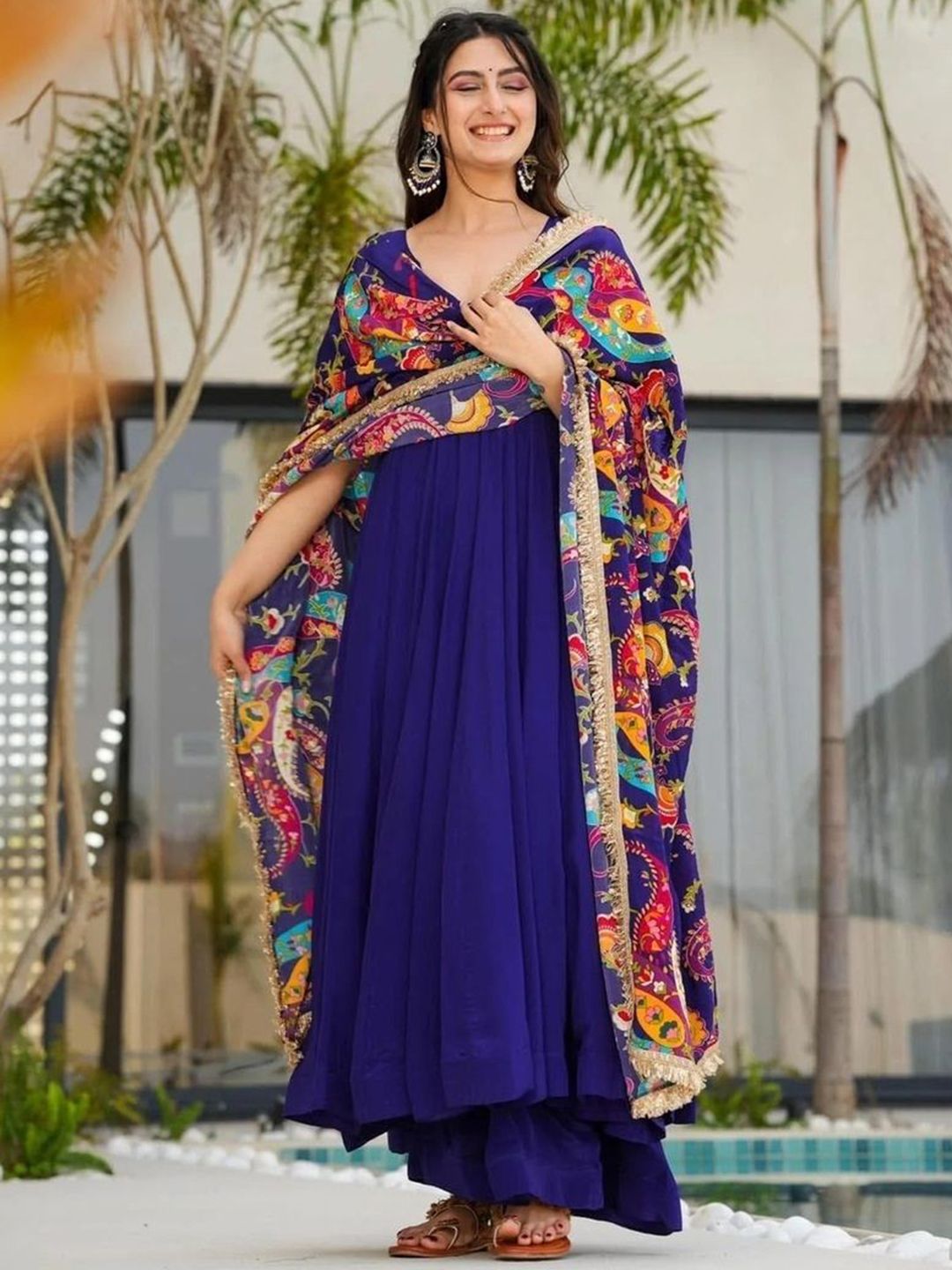 NARI DREAM Women Ethnic Motifs Solid Satin Anarkali Kurta with Palazzo & Dupatta