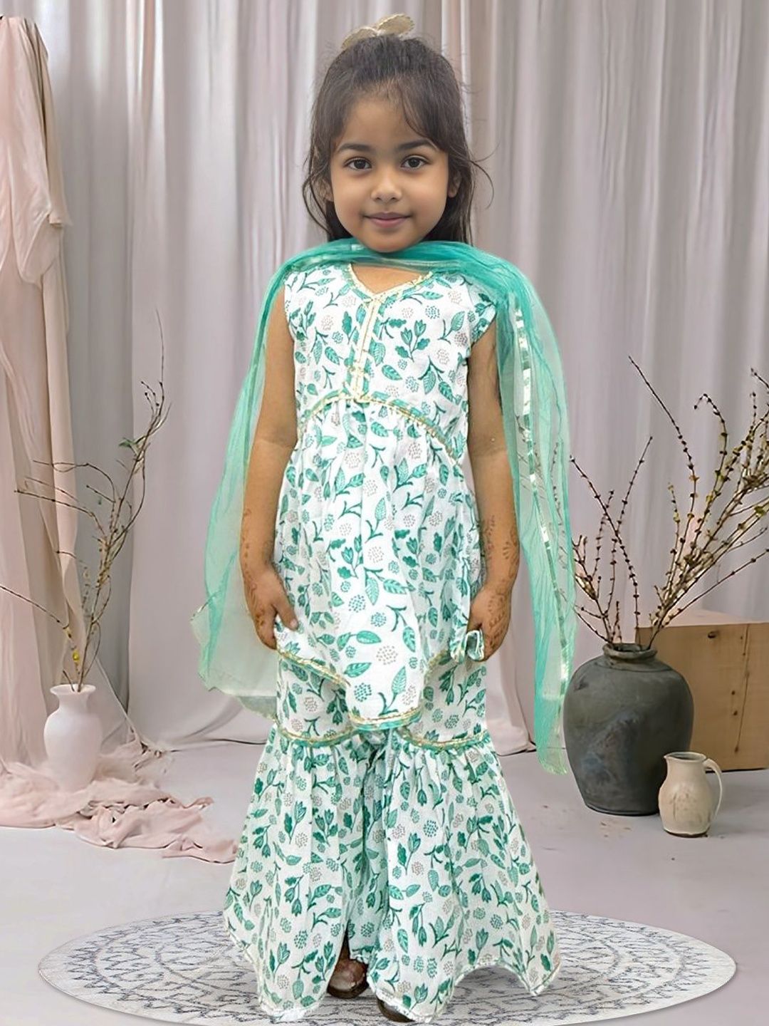 Cutiekins Girls Floral Printed V-Neck Gotta Patti A-Line Kurta With Sharara & Dupatta-picture-35