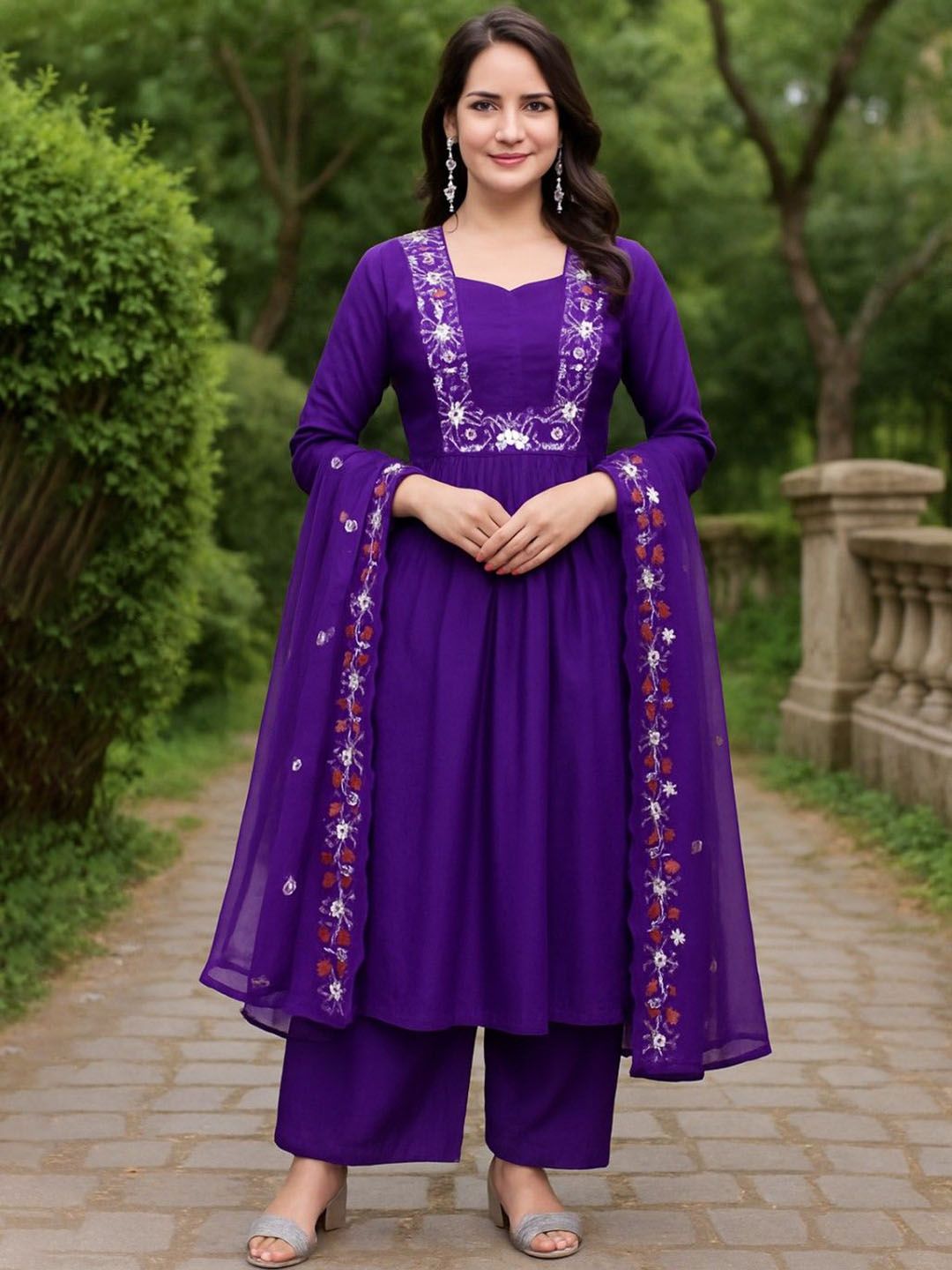 NARI DREAM Women Ethnic Motifs Embroidered Anarkali Kurta with Palazzo & Dupatta