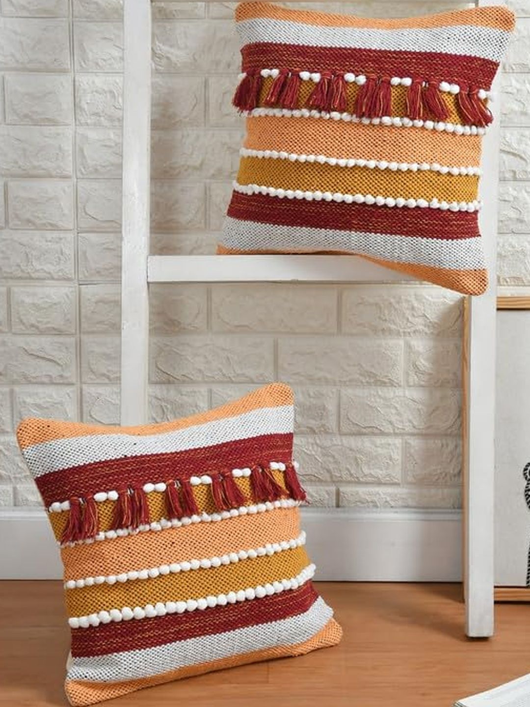 TINDLER KNOTS Brown & Mustard Set of 2 Boho Hand-Tufted Geometric Square Cushion Covers-picture-17