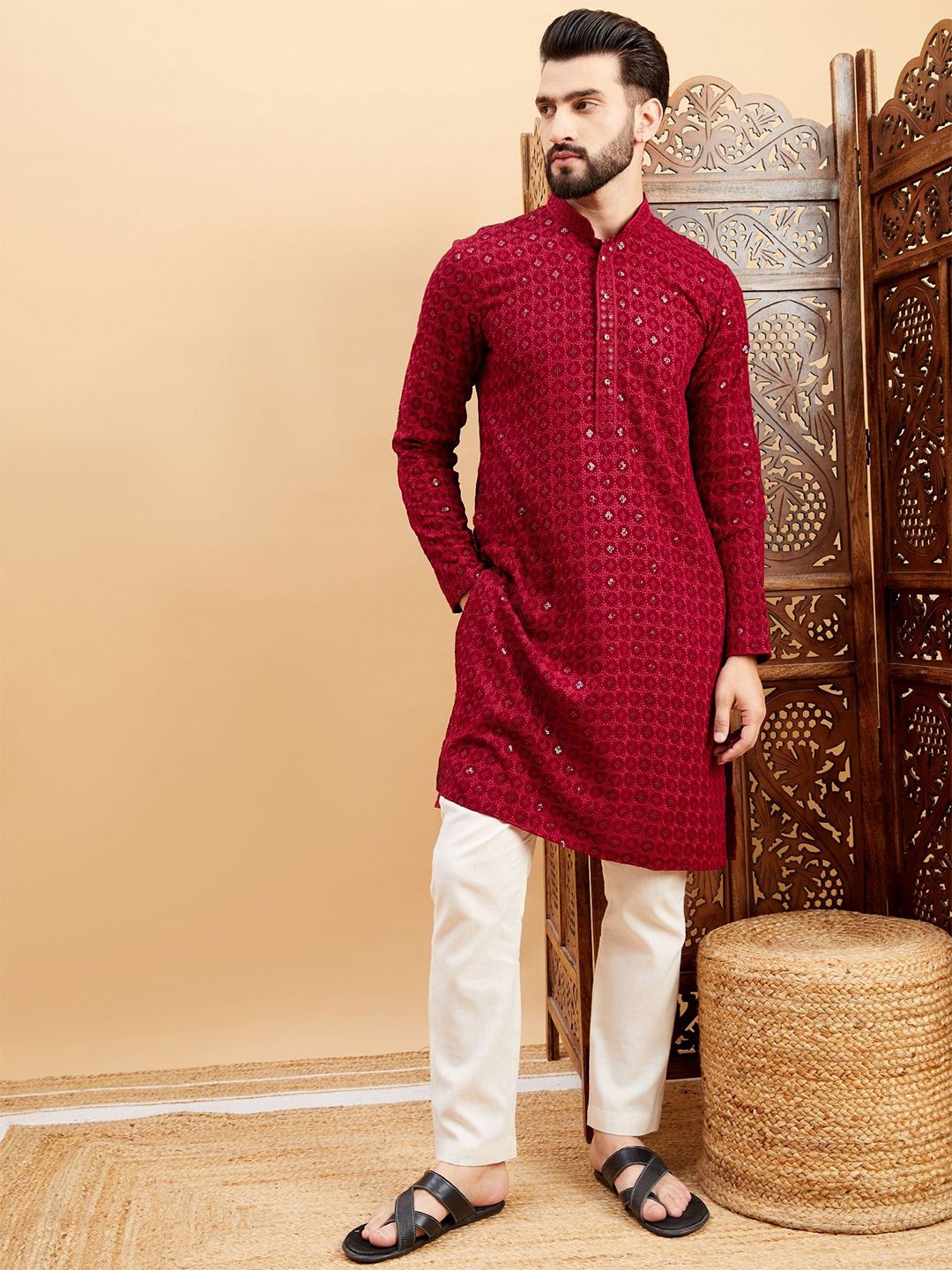 SWAGGINDIA Floral Embroidered Mandarin Collar Sequinned Straight Kurta-picture-20