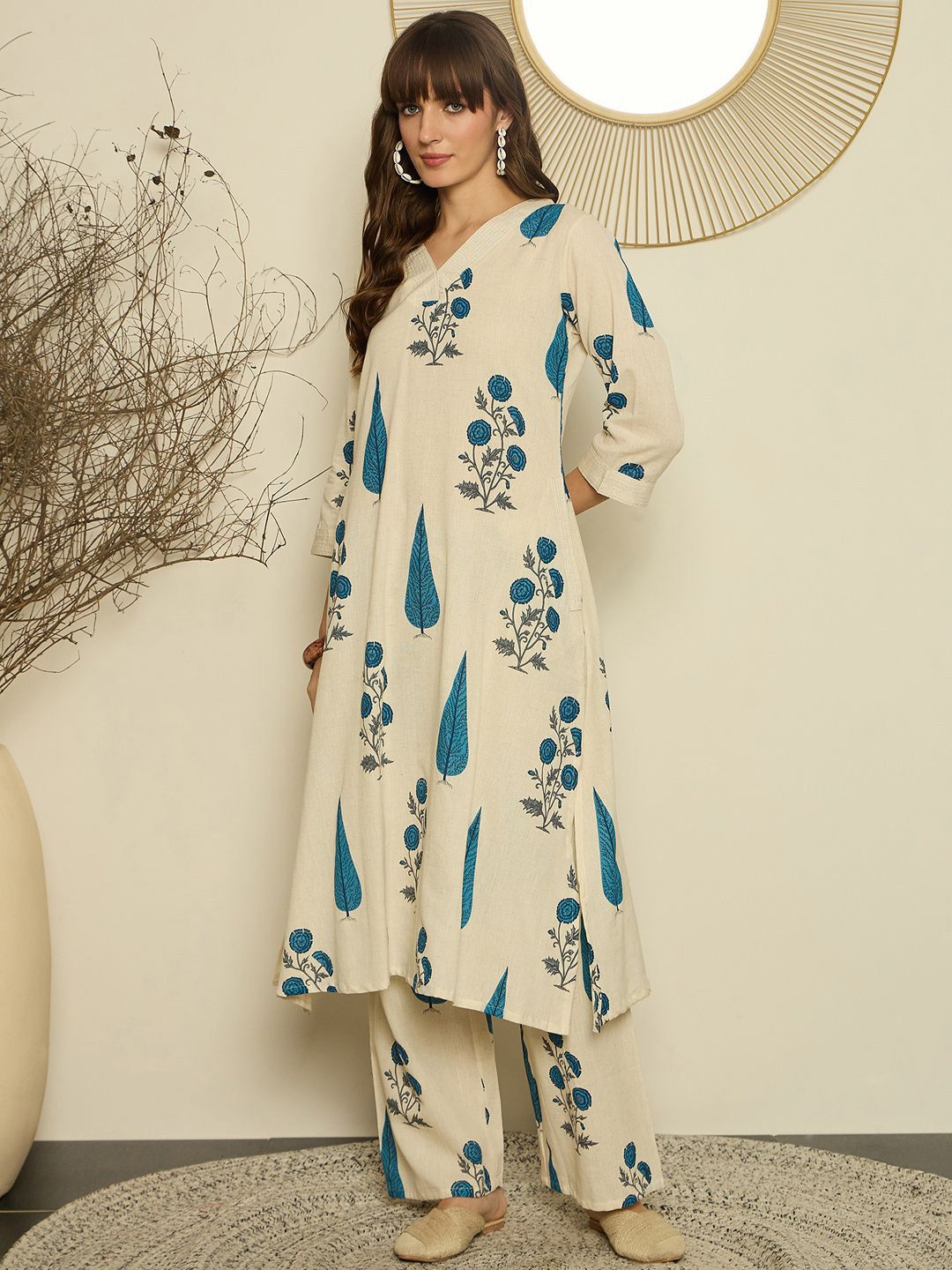 Indo Era Women Floral Printed A-Line Kurta with Trouser