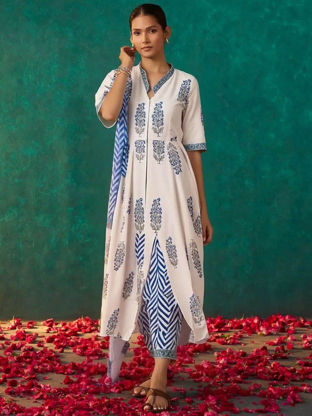 Anouk Rustic Floral Printed V-Neck  A-Line Kurta With Trousers & Dupatta