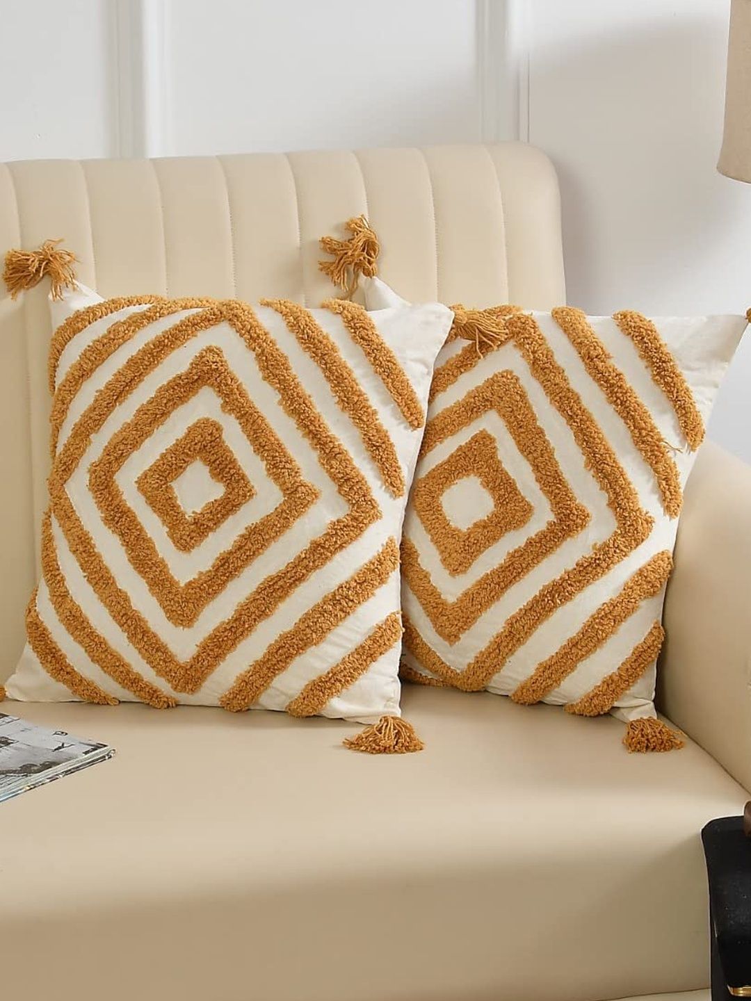 TINDLER KNOTS Beige & Beige Set of 2 Geometric Hypoallergenic Square Cushion Covers-image-47