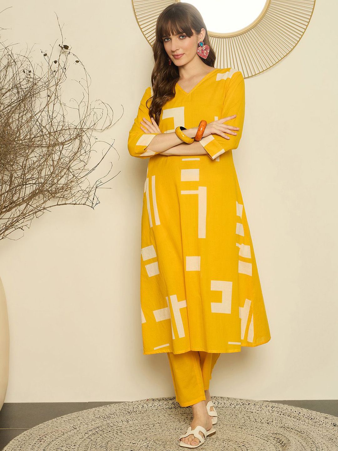 Indo Era Geometric Printed V-Neck A-Line Pure Cotton Kurta with Trousers
