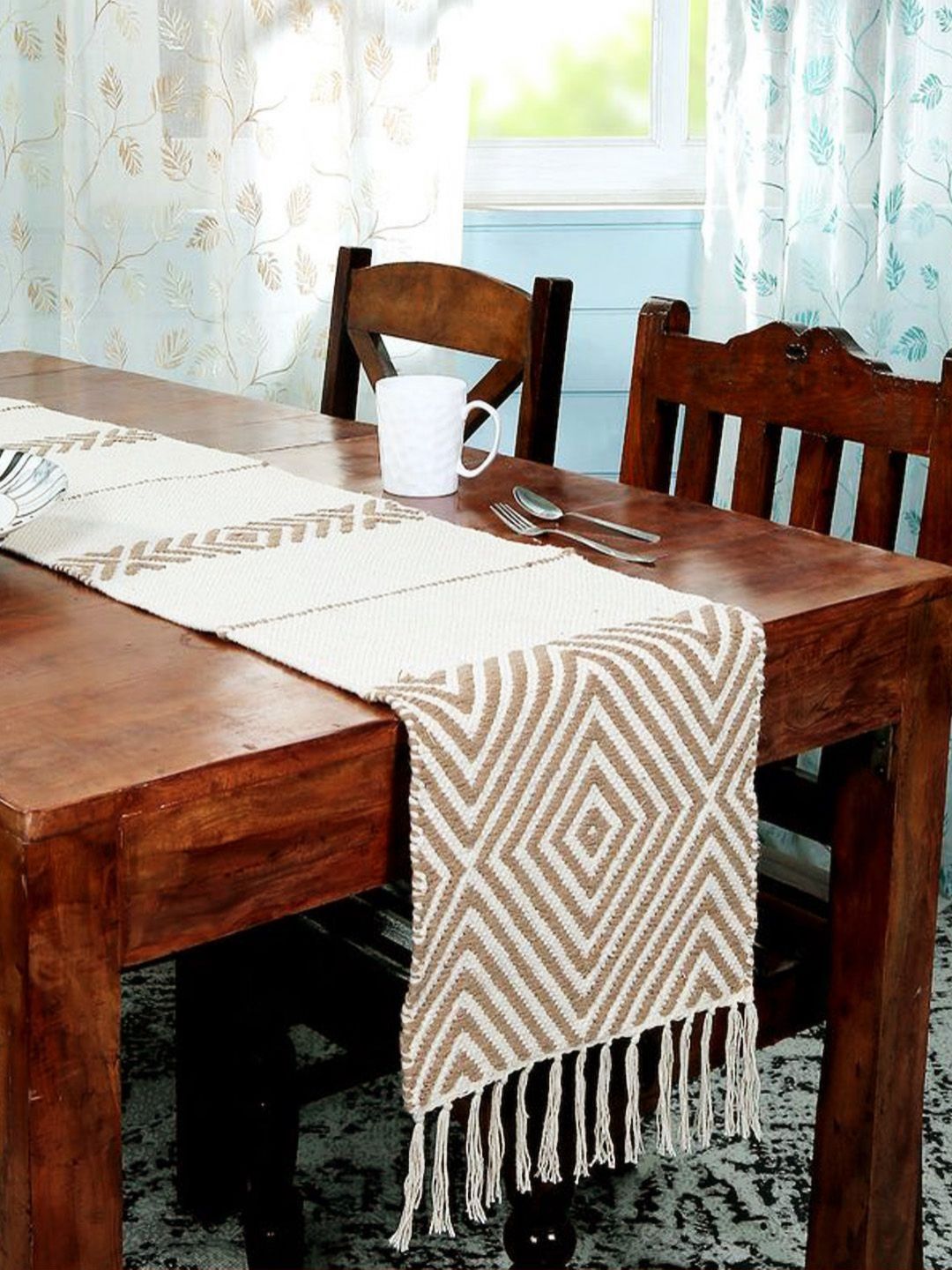 ANA Beige & White Geometric Pure Cotton Anti-Slip 6-Seater Dining Table Runner-picture-55
