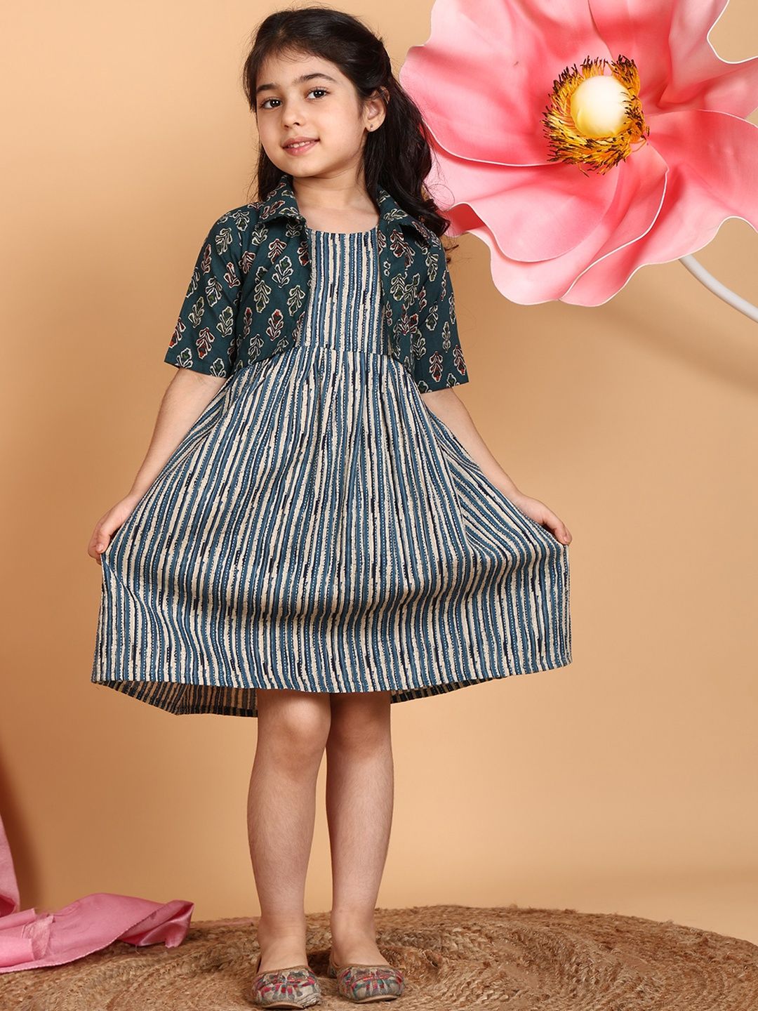 Sangria Girls Striped Cotton Ethnic Dress With Jacket-picture-51