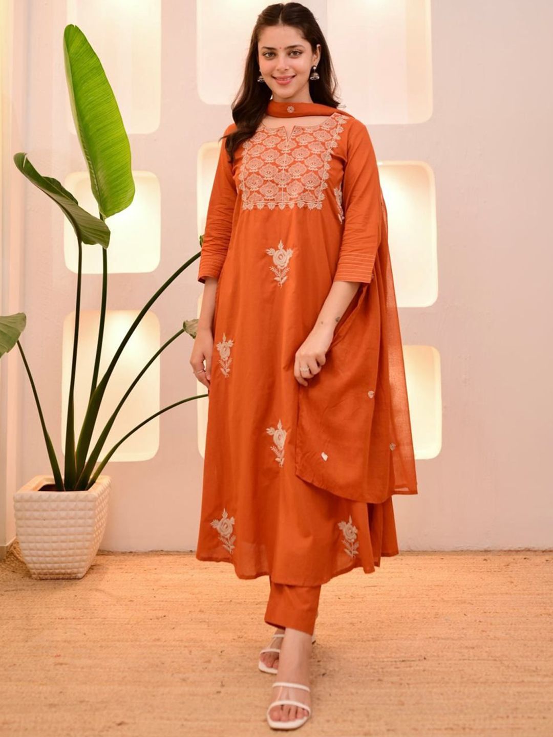 MILAAV Women Ethnic Motifs Embroidered Pure Cotton A-Line Kurta with Trouser & Dupatta