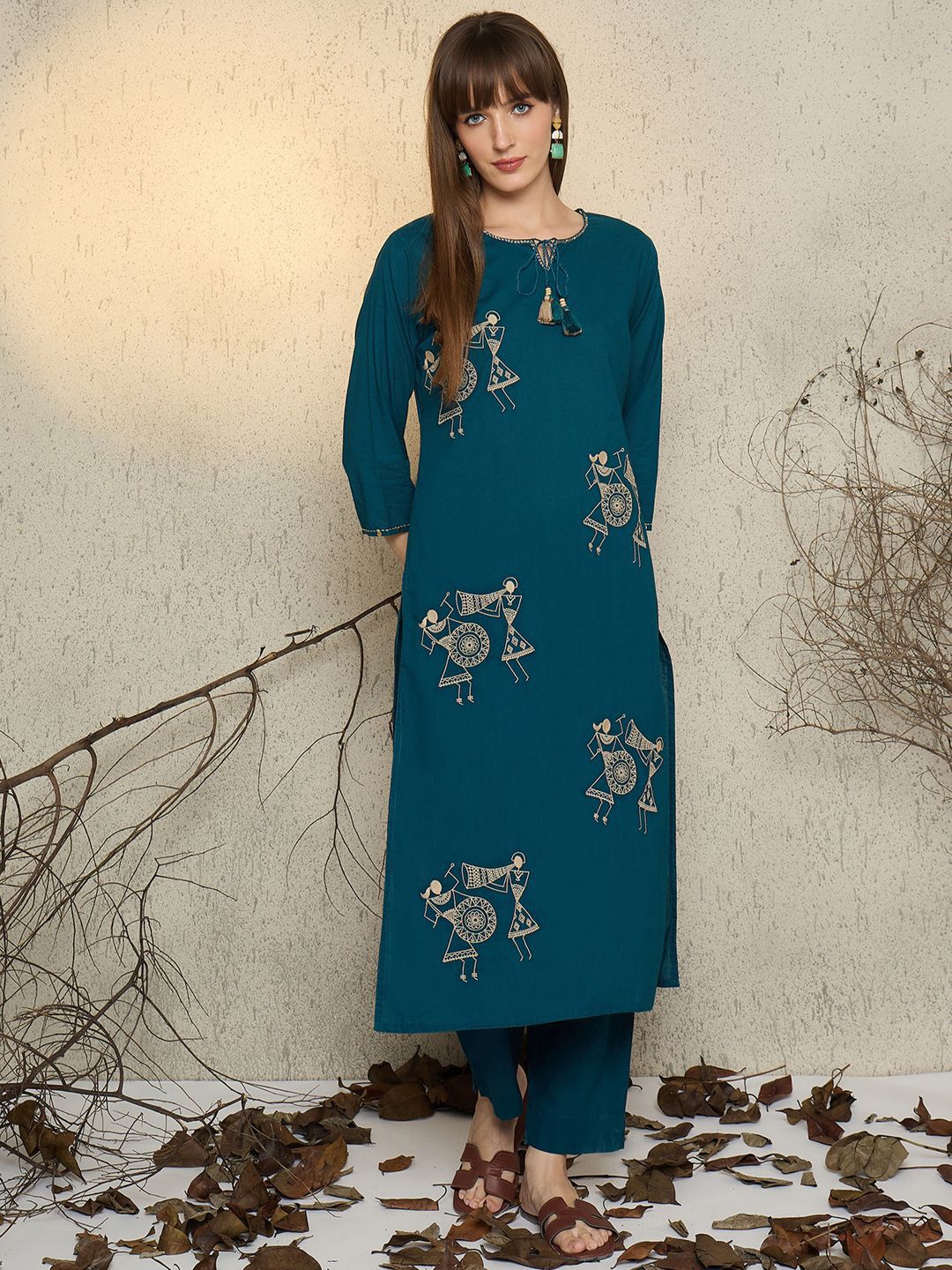 Indo Era Women Printed Regular Thread Work Pure Cotton Kurta with Trousers