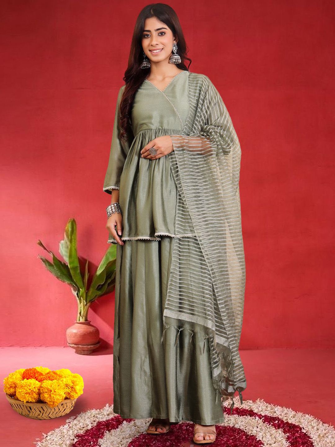 Varanga Women Angrakha Pure Silk Kurta with Sharara & Dupatta