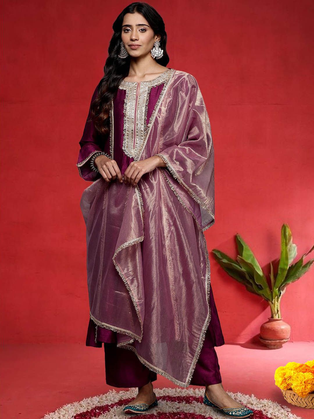Varanga Geometric Yoke Design Notch Neck Sequinned Straight Kurta With Trouser And Dupatta