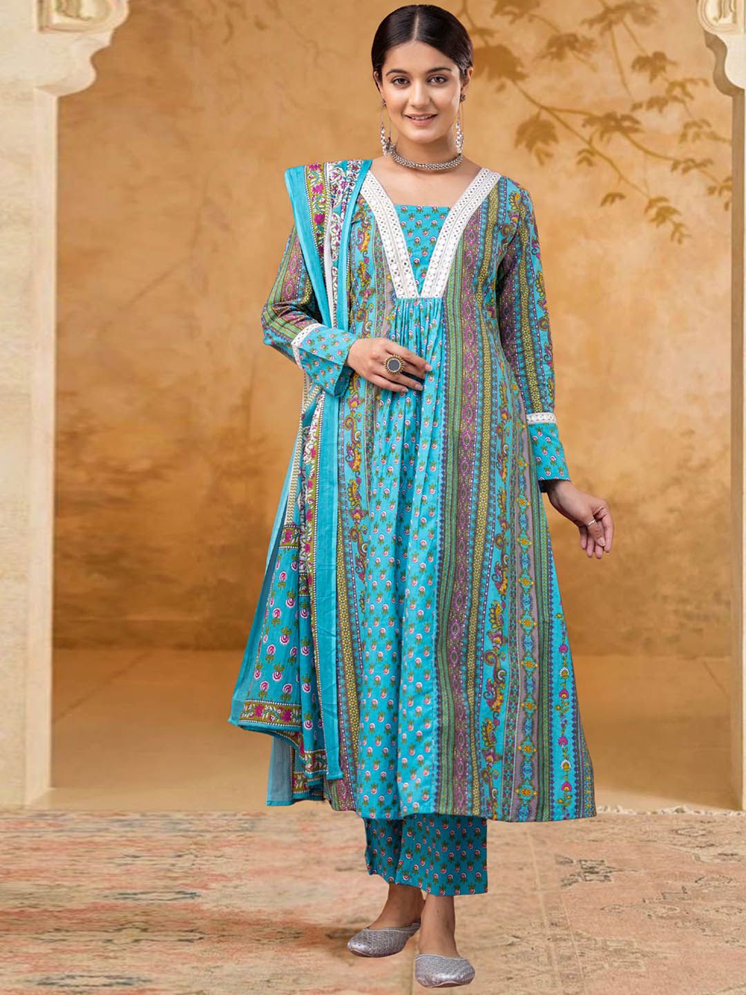 Mokshielite Floral Printed V-Neck Pure Cotton Anarkali Kurta With Trousers & Dupatta