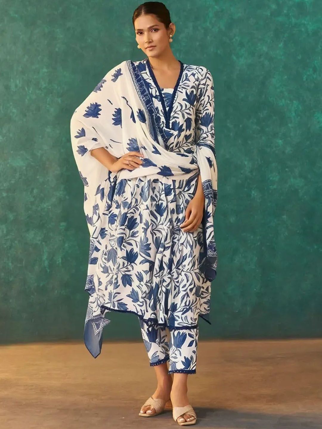 Anouk Rustic Ethnic Motifs Printed Square Neck A-Line Kurta With Trousers & Dupatta