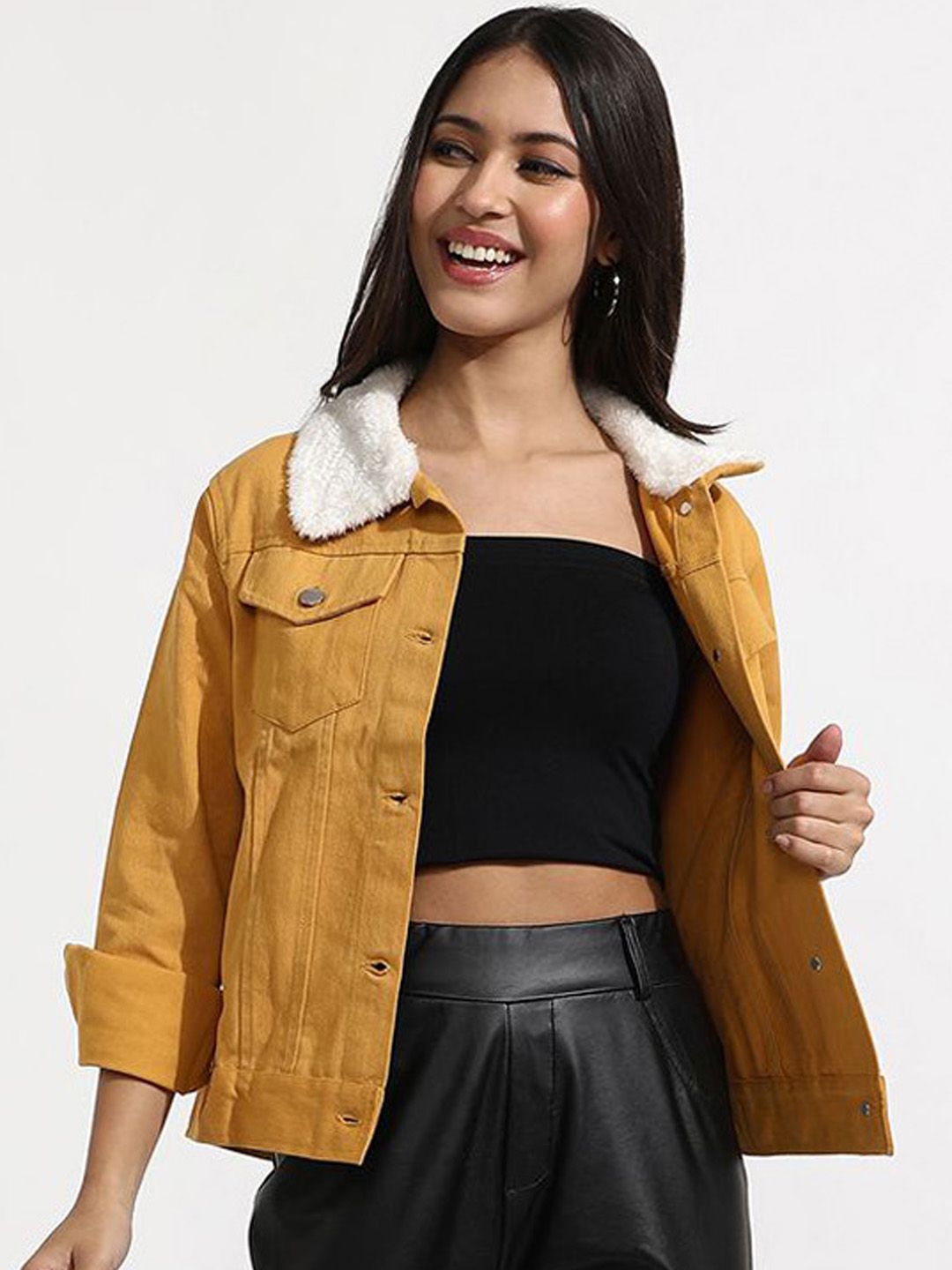 Campus Sutra Women Spread Collar Self Design Lightweight Sherpa Cotton Jacket-image-29