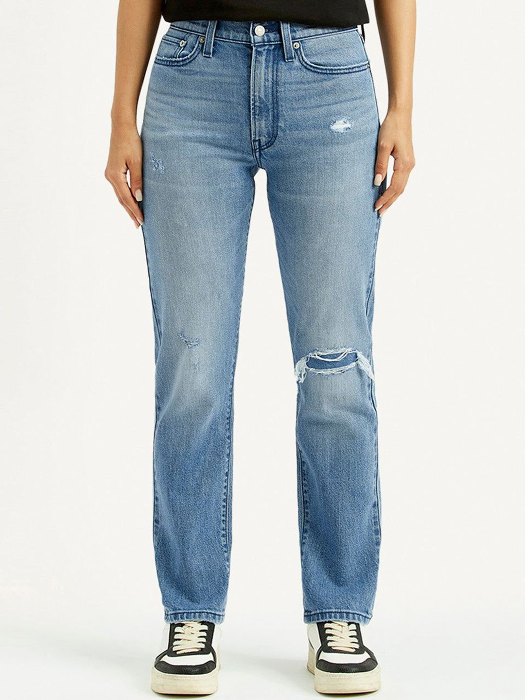 Levis Women Classic Straight Fit Mid-Rise Low Distress Light Fade Stretchable Jeans-picture-30