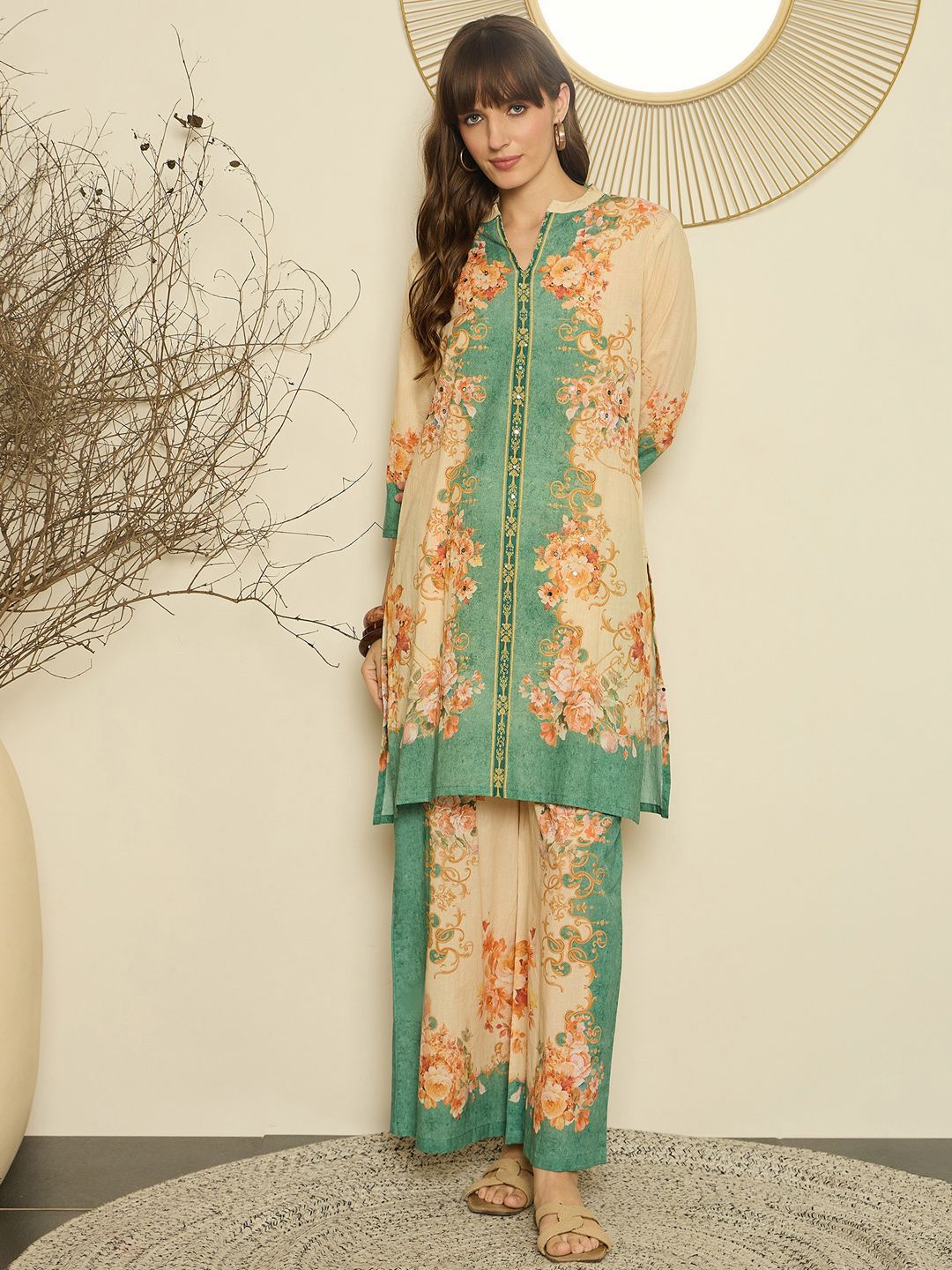Indo Era Women Floral Printed Regular Sequinned Kurta with Palazzos