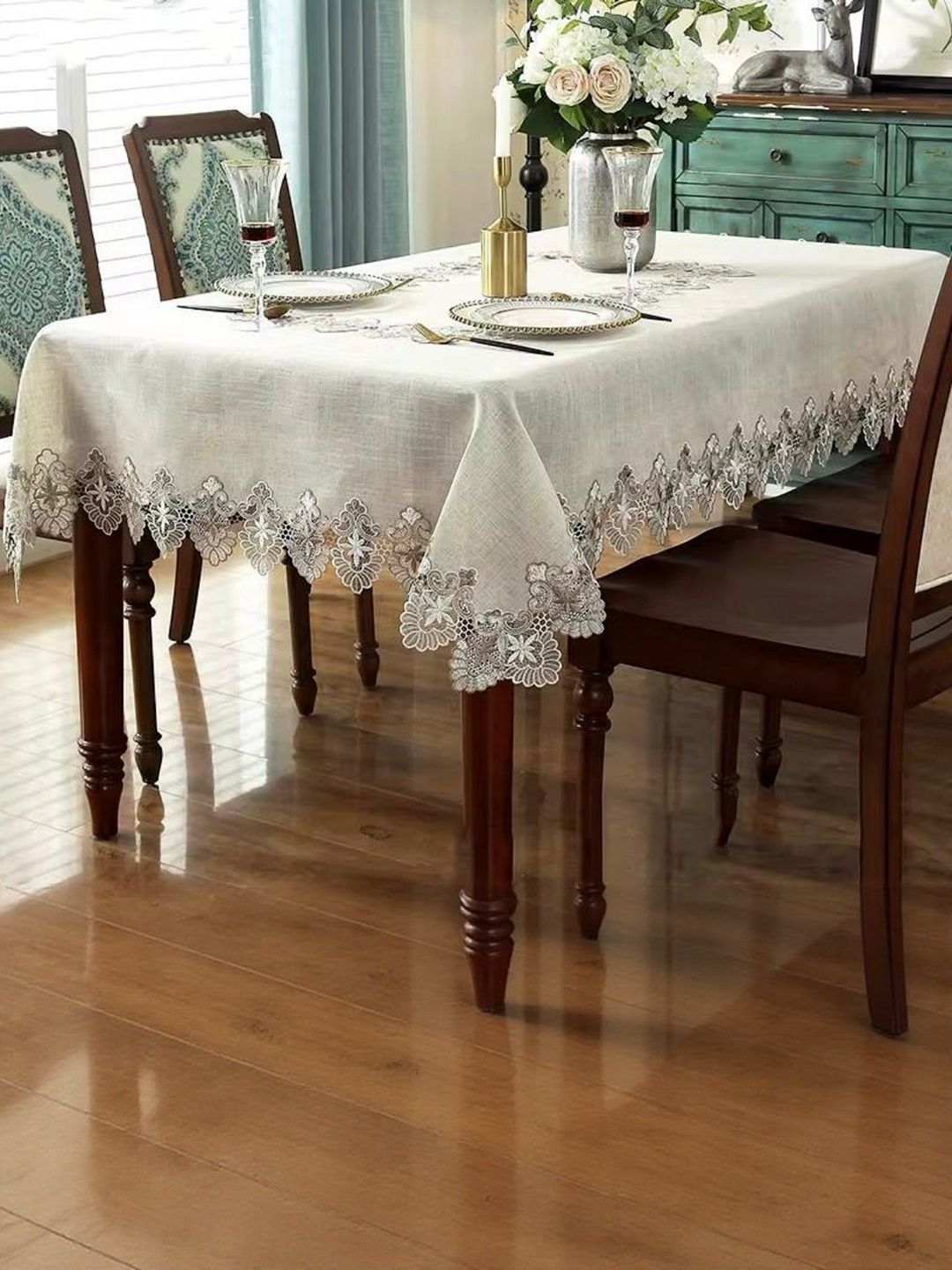 MONKDECOR Beige Floral Anti-Skid Cotton 6-Seater Table Cover with Embellished details-picture-38