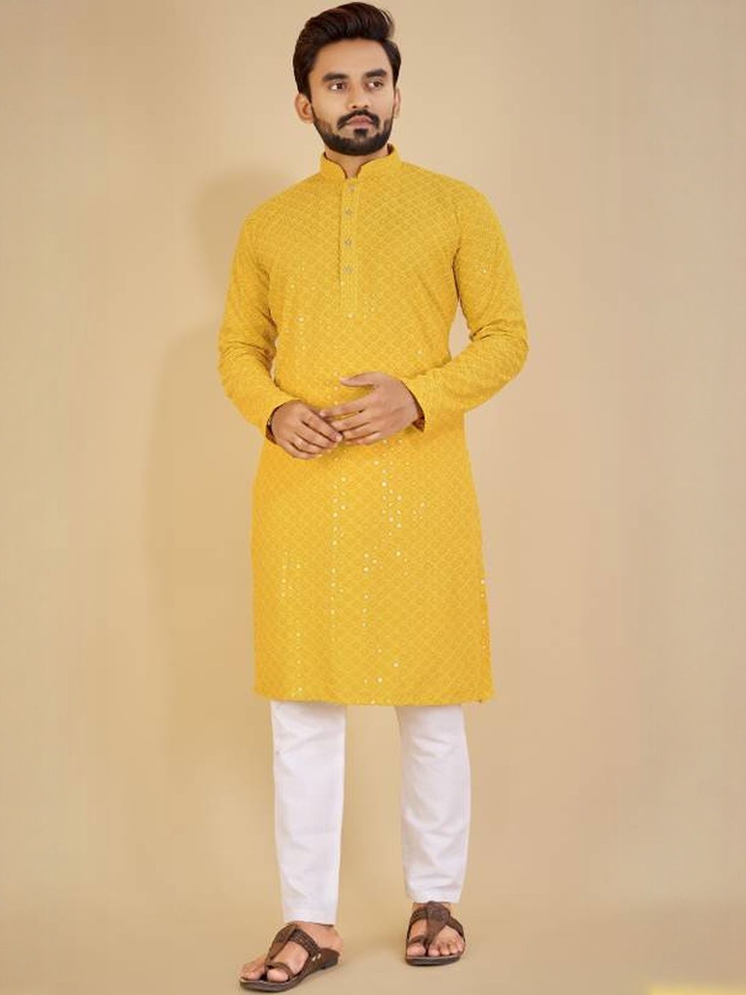 ORIFAB Men Yellow Cotton Kurtas-picture-32