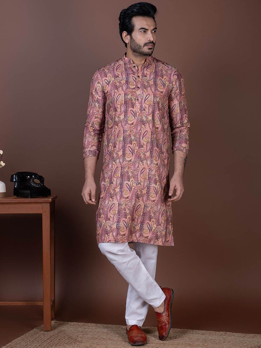 DEVOILER Men Paisley Printed Straight Kurta with Pyjamas-image-17