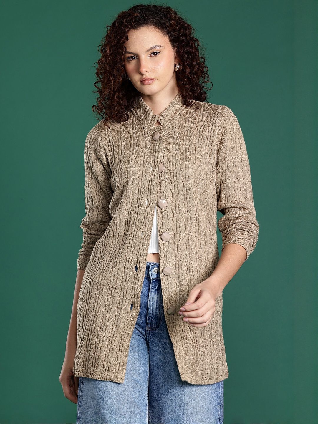 Roadster Women Camel Brown Self Design Cable Knit Mock Collar Woollen Longline Cardigan-picture-47