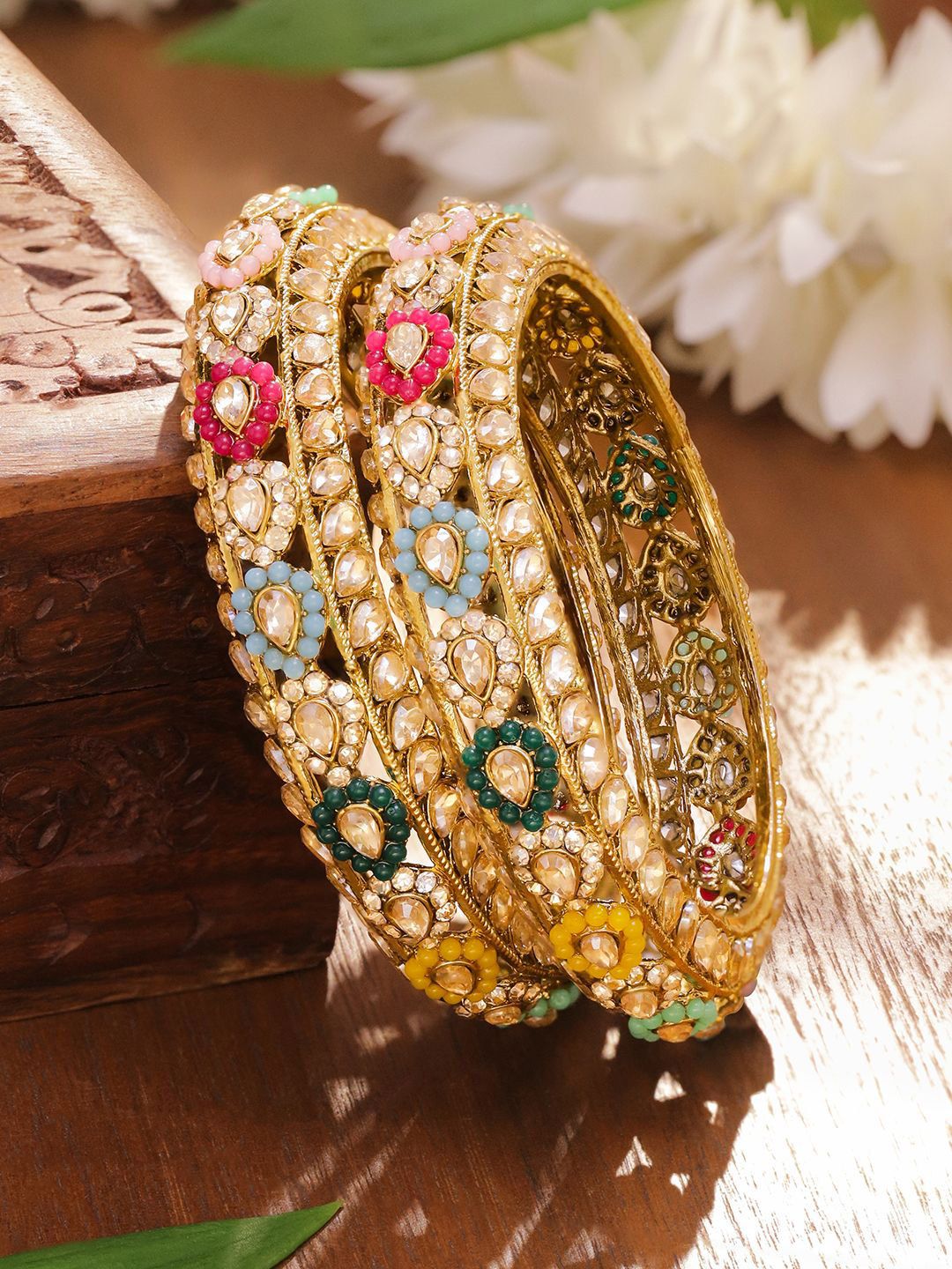 Rubans Set of 2 22K Gold-Plated Handcrafted Multicolor Kundan & Beaded Floral Bangles-picture-14