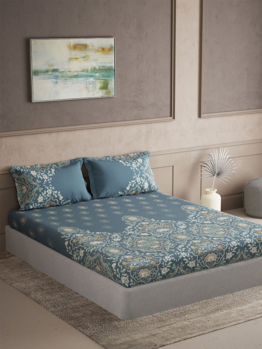 DDecor Souvenir Blue Ethnic Motifs Pure Cotton 144 TC Super King Bedsheet Set-2.74mX2.74m